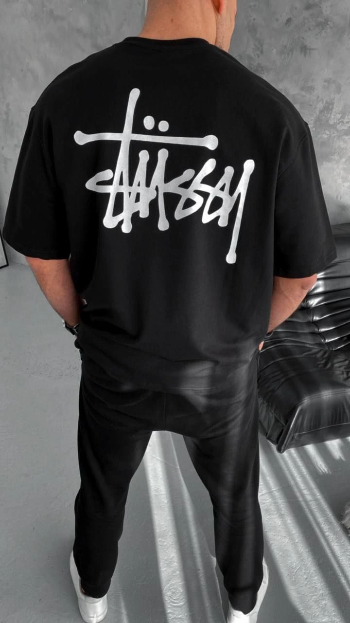 Erkek Kısa Kol Yazlık Tişört Bisiklet Yaka Baskılı Oversize T-Shirt - Siyah