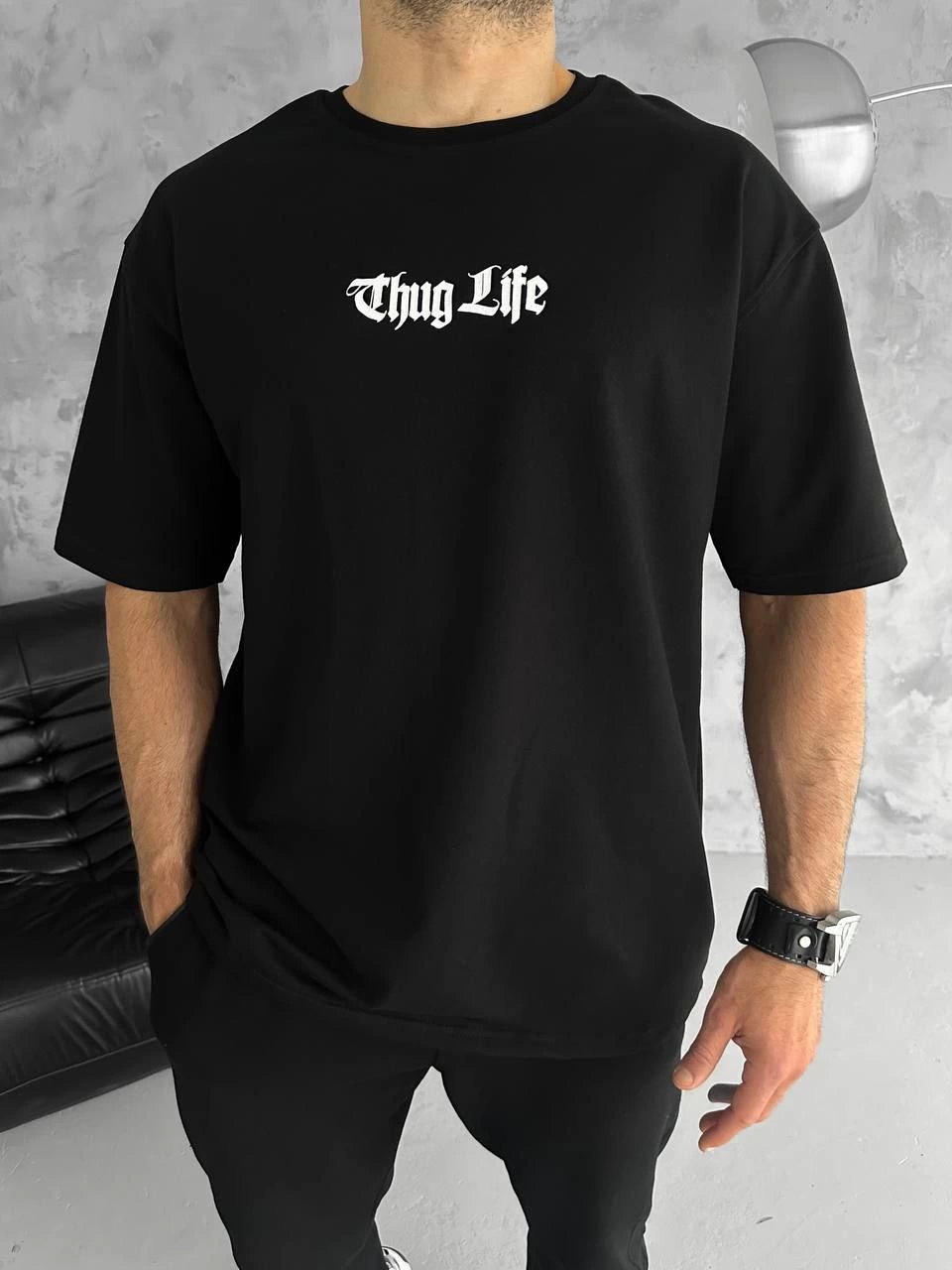 Erkek Kısa Kol Yazlık Tişört Bisiklet Yaka Baskılı Oversize T-Shirt - Siyah