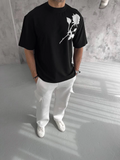 Erkek Kısa Kol Tişört Bisiklet Yaka GÜL Baskılı Oversize T-Shirt - Siyah