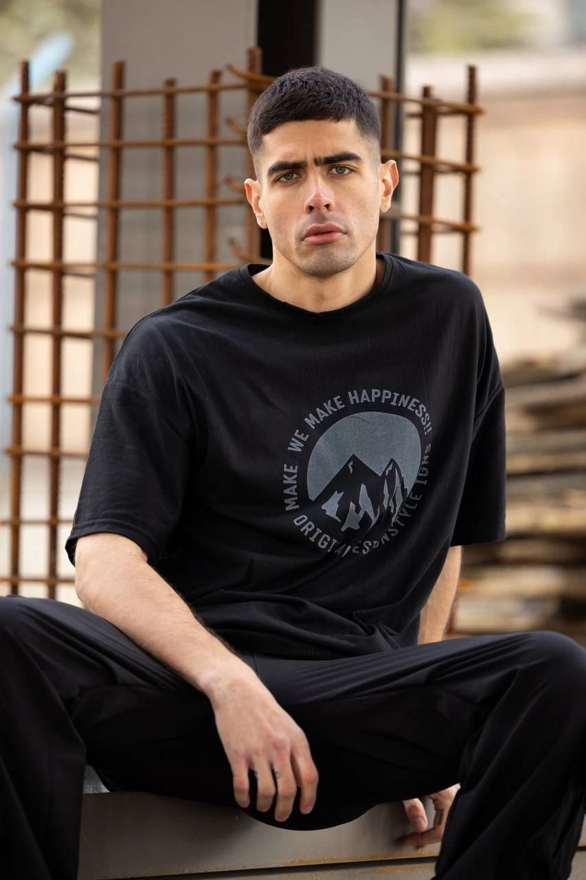 Erkek Baskılı T-Shirt Kısa Kol Bisiklet Yaka Regular Fit Rahat Kalıp Günlük Tişört - Siyah