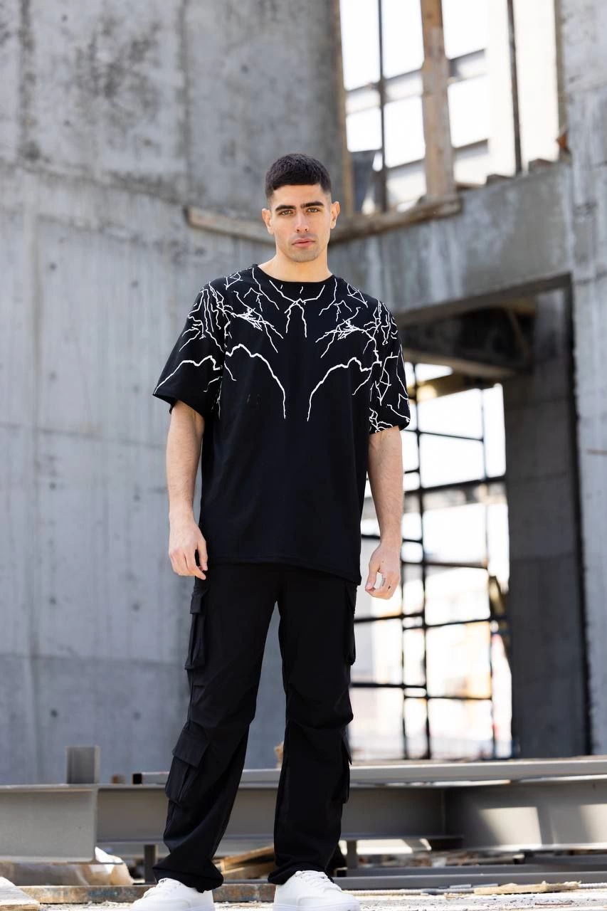 Erkek Yıldırım şimşek Baskılı T-Shirt Kısa Kol Bisiklet Yaka Tişört - Siyah