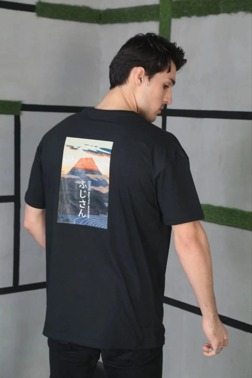 Erkek Kısa Kol Yazlık Tişört Bisiklet Yaka Baskılı Oversize T-Shirt - Siyah