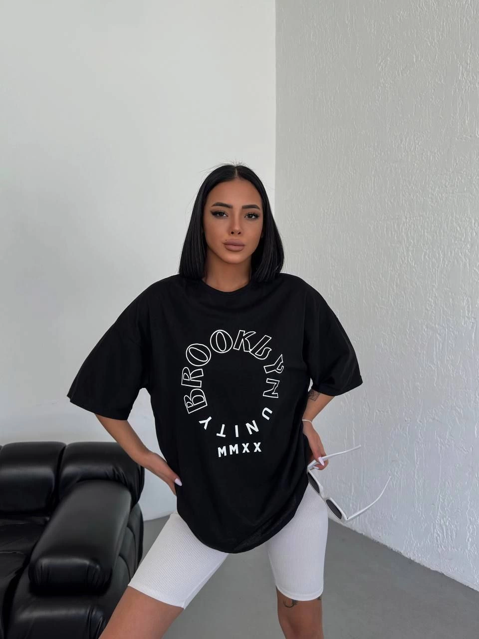 Kadın Baskılı T-Shirt Kısa Kol Bisiklet Yaka Oversize Rahat Kalıp Günlük Tişört - Siyah