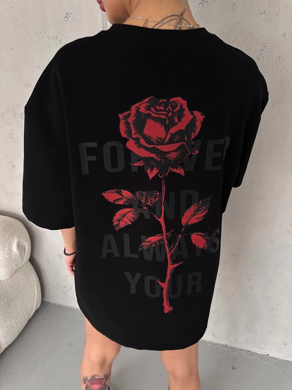 kadın Bisiklet Yaka Baskılı Oversize  Kısa kol T-Shirt - Siyah
