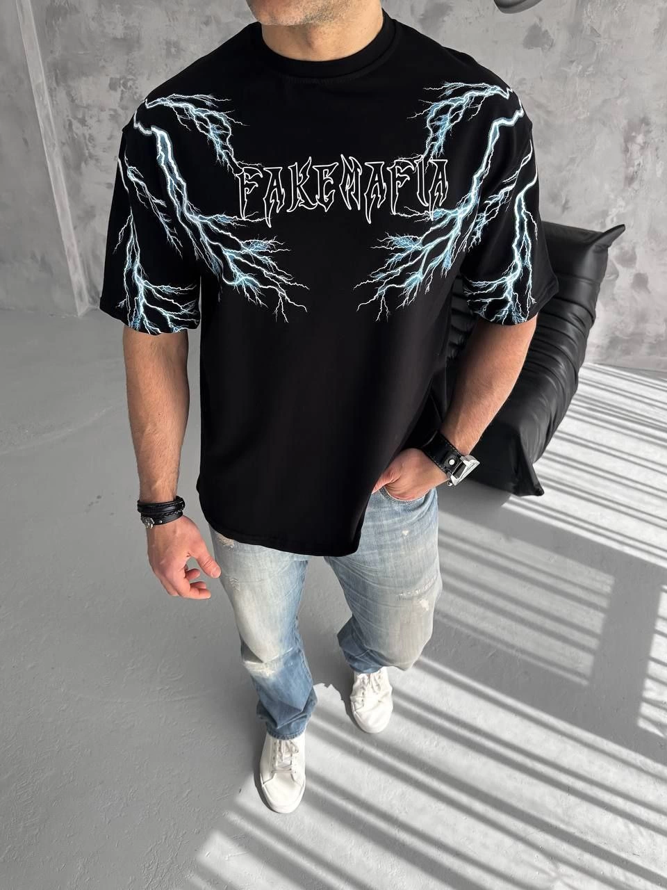 ERKEK Bisiklet Yaka Yıldırım Baskılı  Kısa kol T-Shirt-Siyah