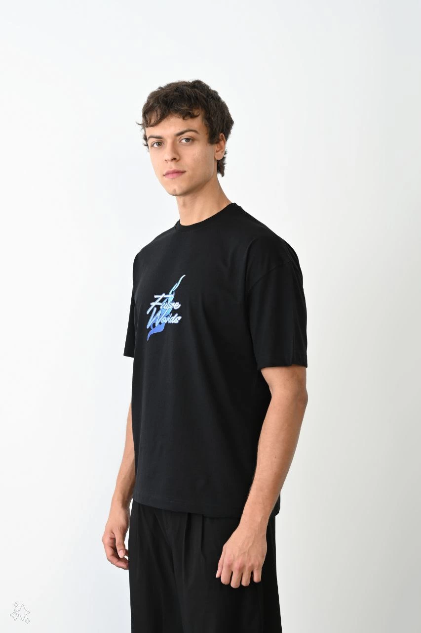 Erkek Kısa Kol Yazlık Tişört Bisiklet Yaka Baskılı Oversize T-Shirt - Siyah