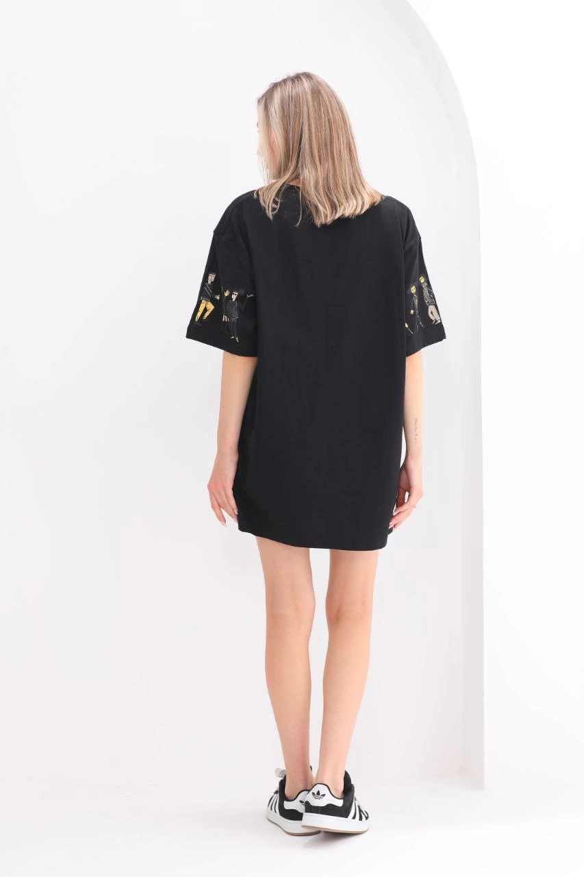 Kadın Kısa Kol Yazlık Tişört Bisiklet Yaka Baskılı Oversize T-Shirt - Siyah