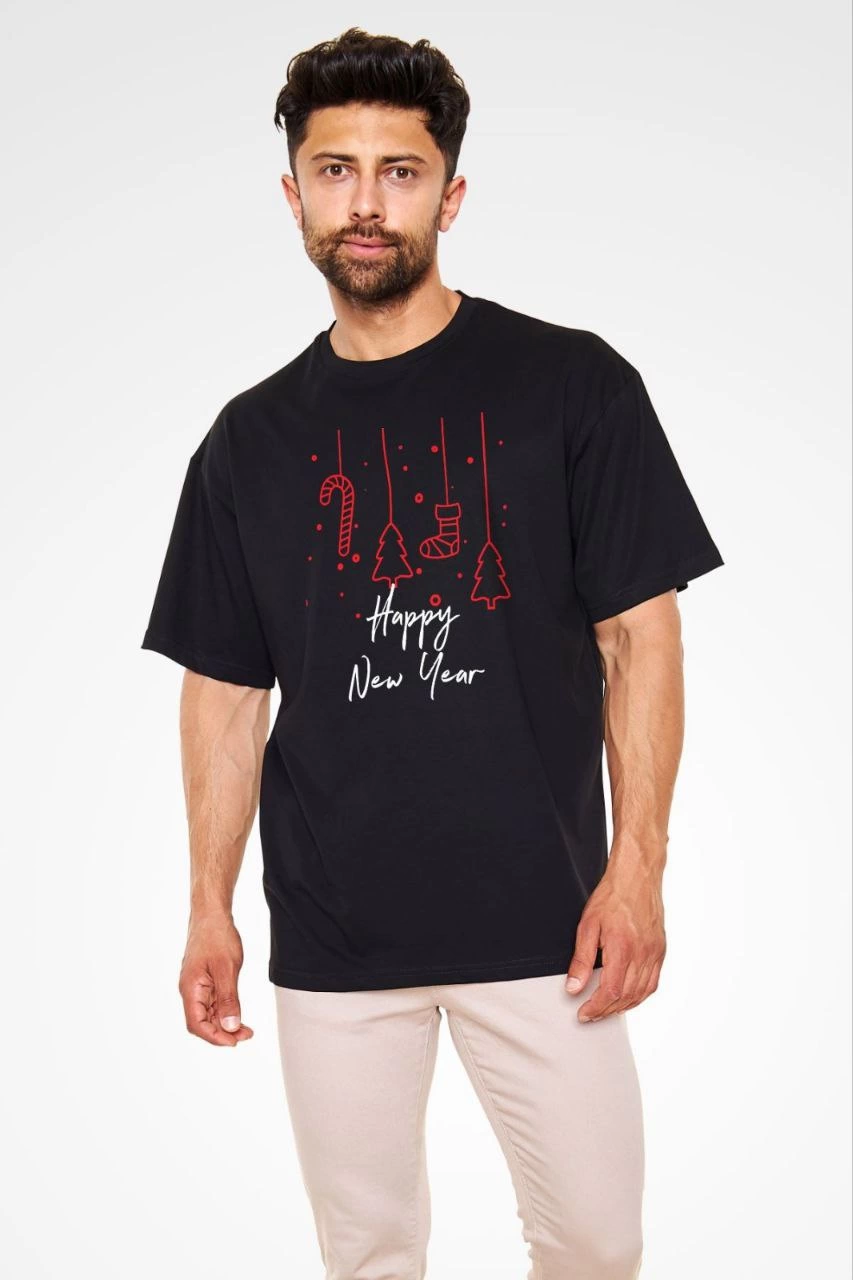 Erkek Kısa Kol Tişört Bisiklet Yaka Yeni Yıl Baskılı T-Shirt - Siyah