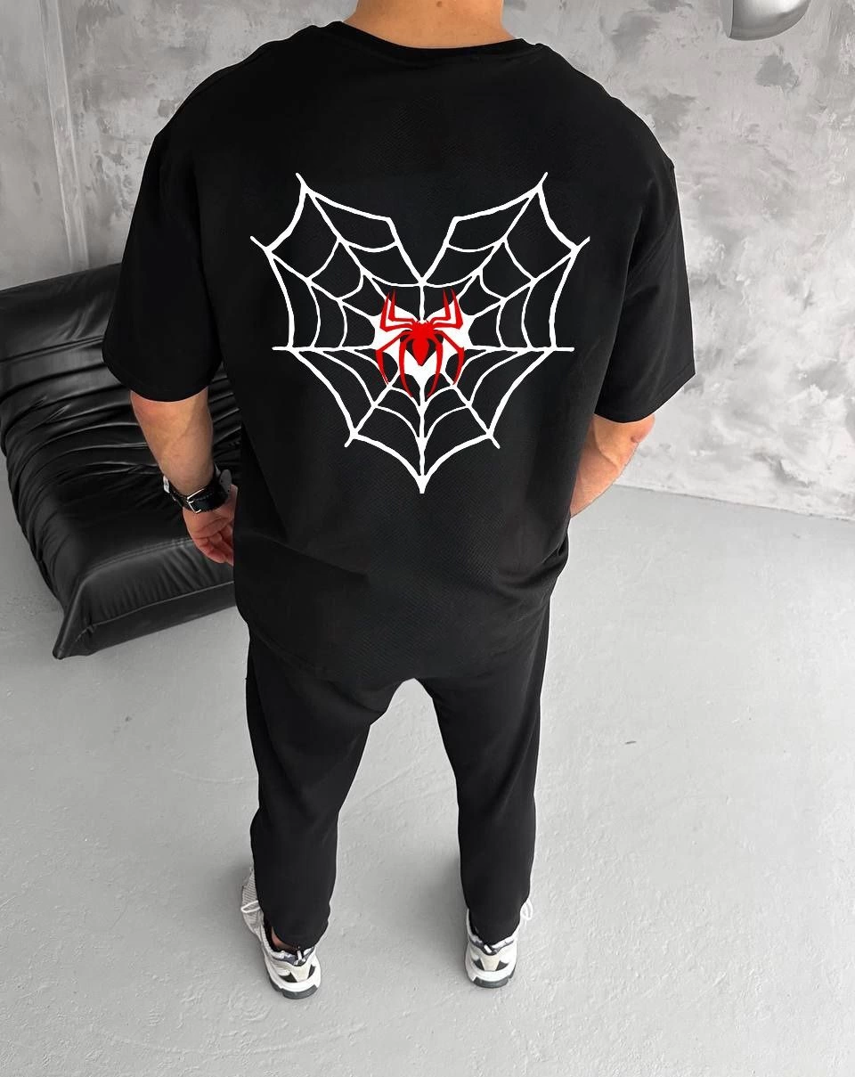 Erkek Kısa Kol Tişört Bisiklet Yaka ÖRÜMCEK Baskılı Oversize T-Shirt - Siyah