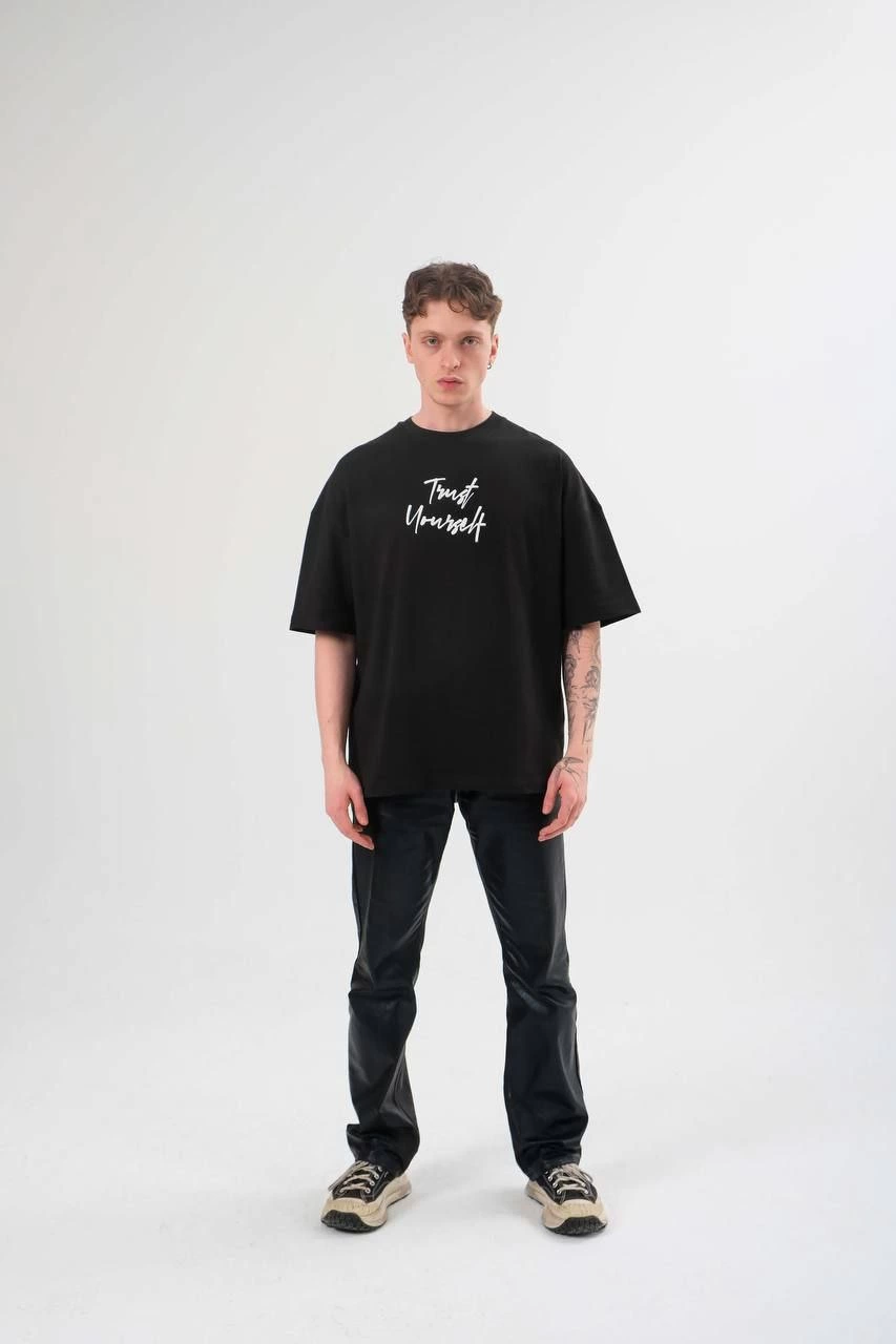 Erkek Kısa Kol Yazlık Tişört Bisiklet Yaka Baskılı Oversize T-Shirt -  Siyah