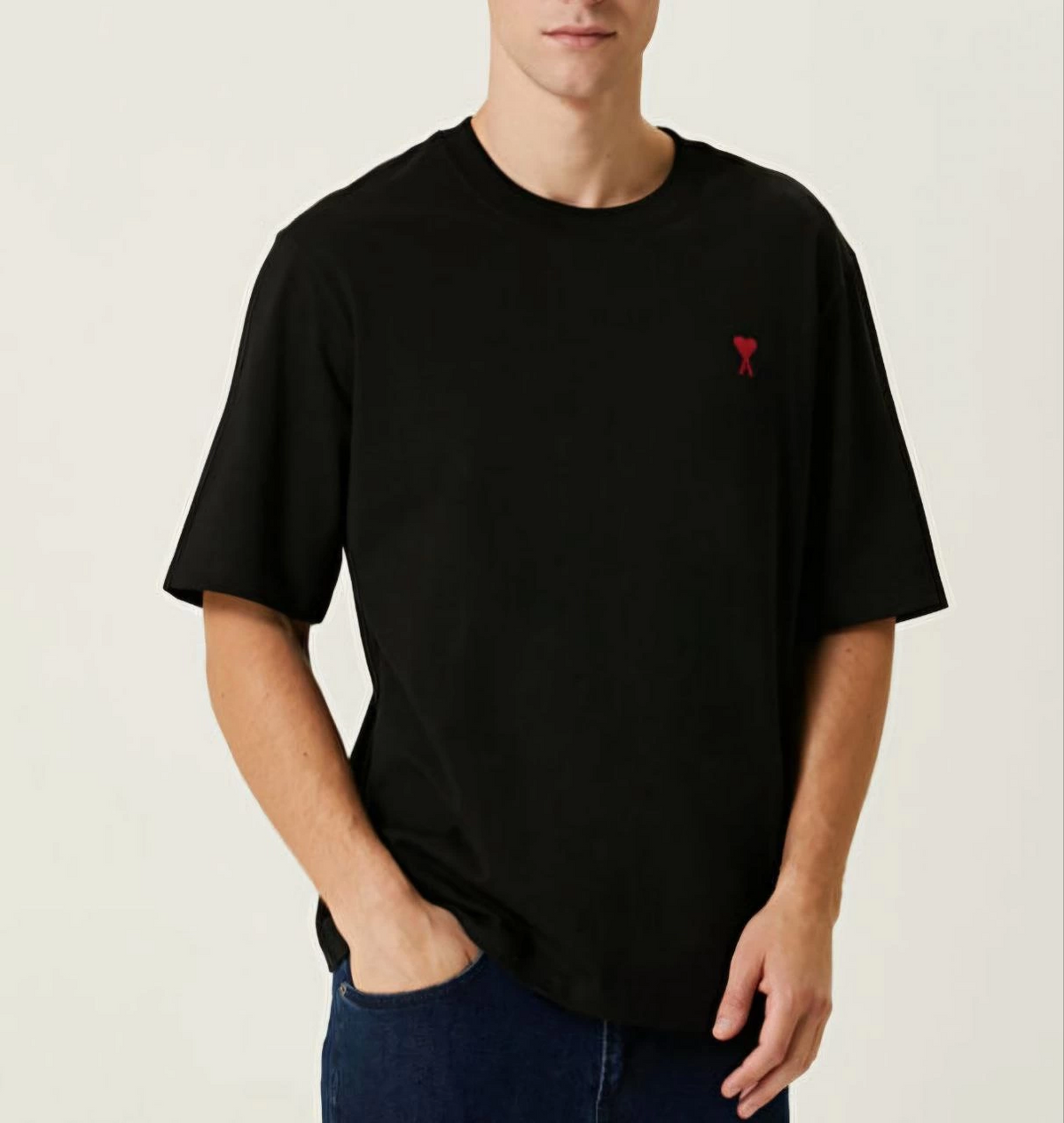 Erkek Kısa Kol Tişört Bisiklet Yaka KALP Baskılı Oversize T-Shirt - Siyah