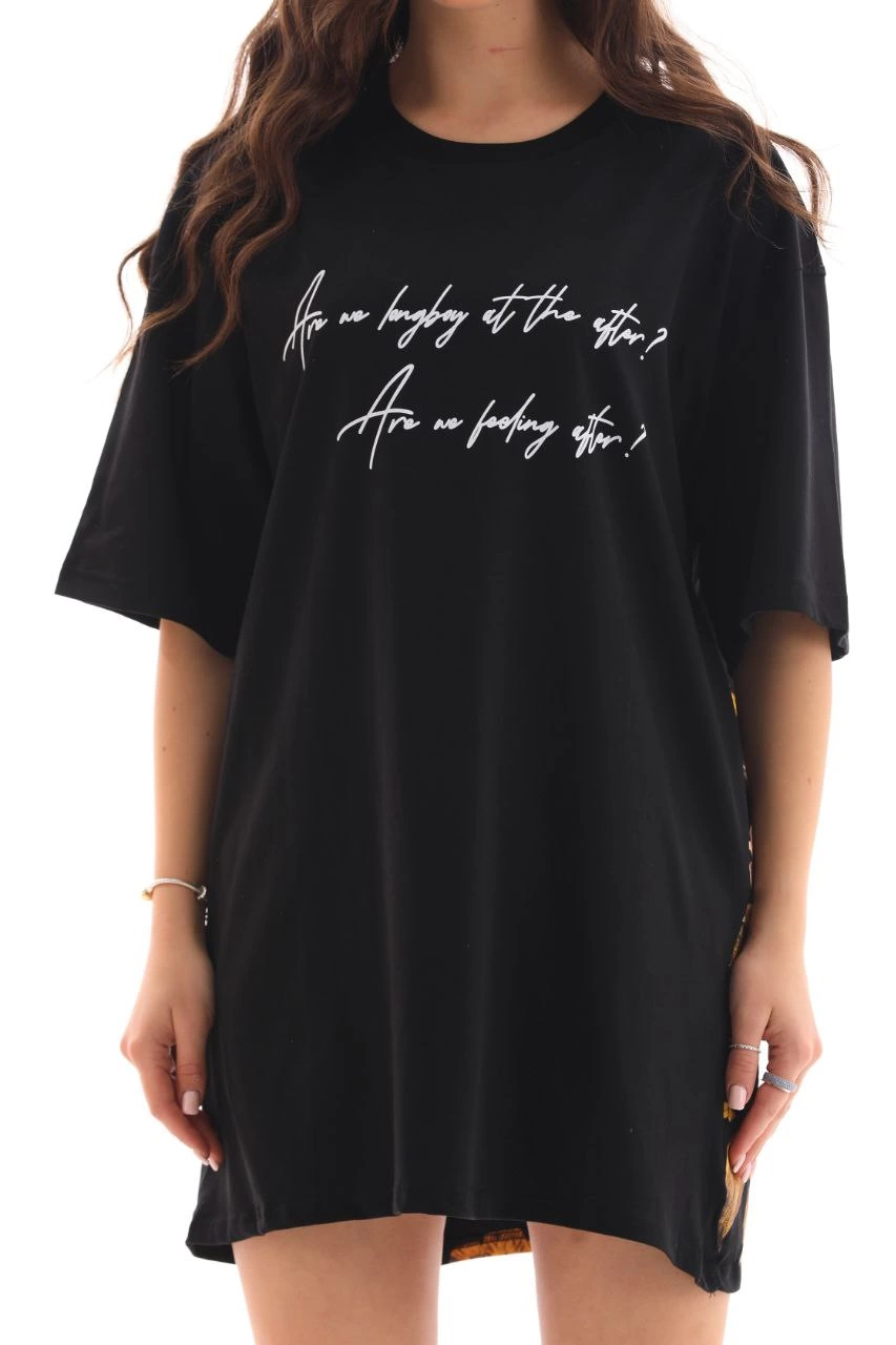 Kadın Kısa Kol Yazlık Tişört Bisiklet Yaka Baskılı Oversize T-Shirt - Siyah