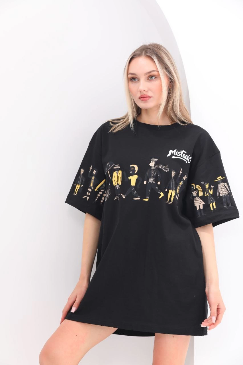 Kadın Kısa Kol Yazlık Tişört Bisiklet Yaka Baskılı Oversize T-Shirt - Siyah