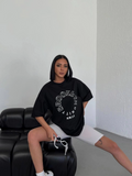 Kadın Baskılı T-Shirt Kısa Kol Bisiklet Yaka Oversize Rahat Kalıp Günlük Tişört - Siyah