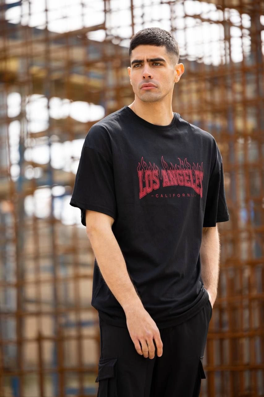 Erkek Kısa Kol Tişört Bisiklet Yaka LOS ANGELES  Baskılı T-Shirt - Siyah