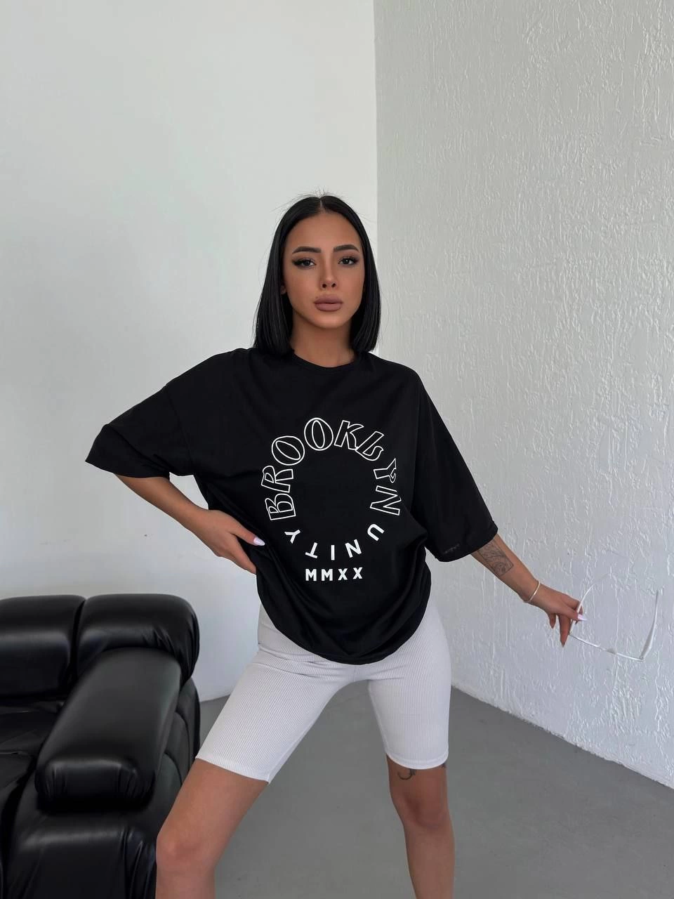 Kadın Baskılı T-Shirt Kısa Kol Bisiklet Yaka Oversize Rahat Kalıp Günlük Tişört - Siyah