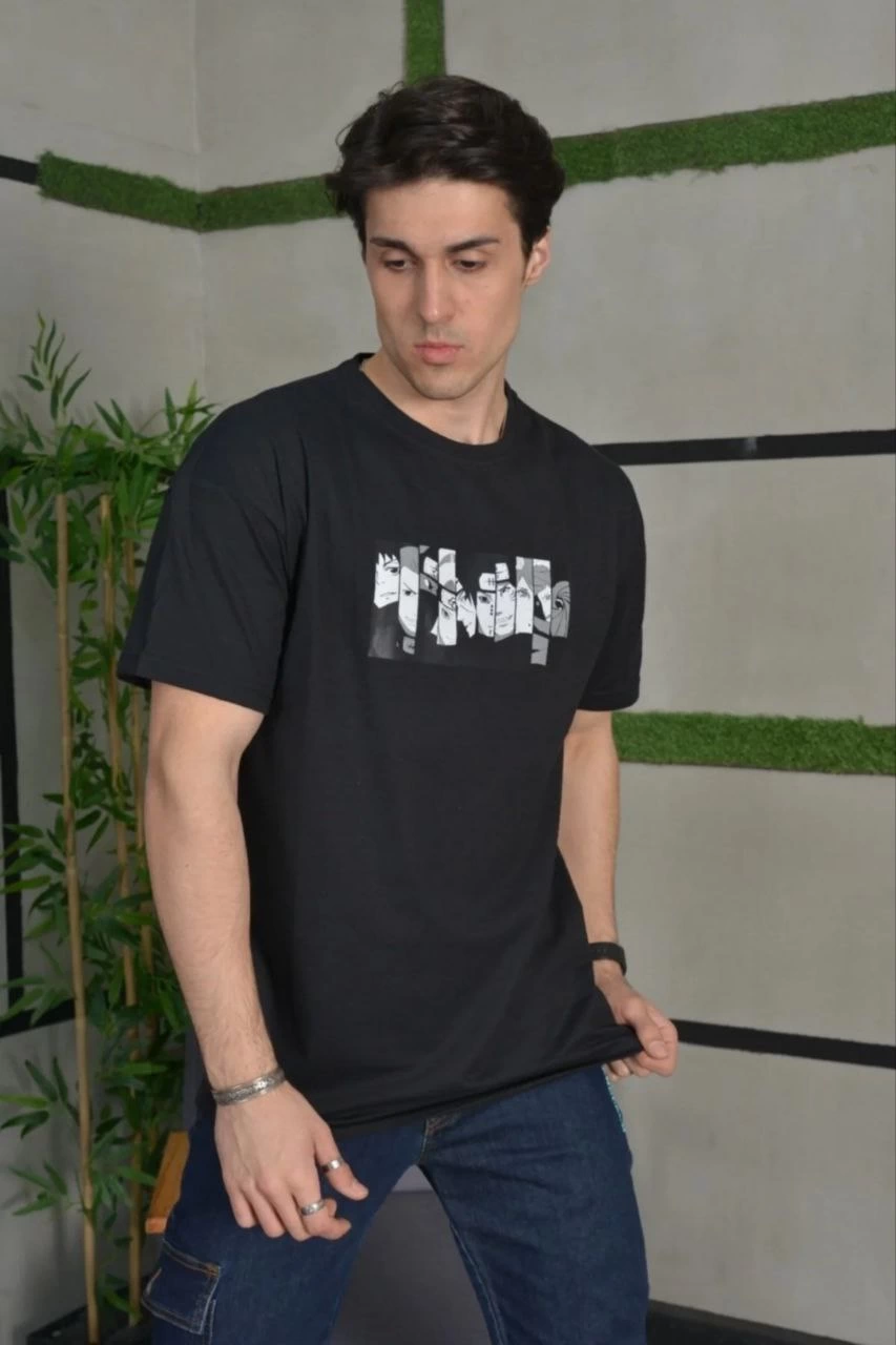 Erkek Kısa Kol Yazlık Tişört Bisiklet Yaka Baskılı Oversize T-Shirt - Siyah