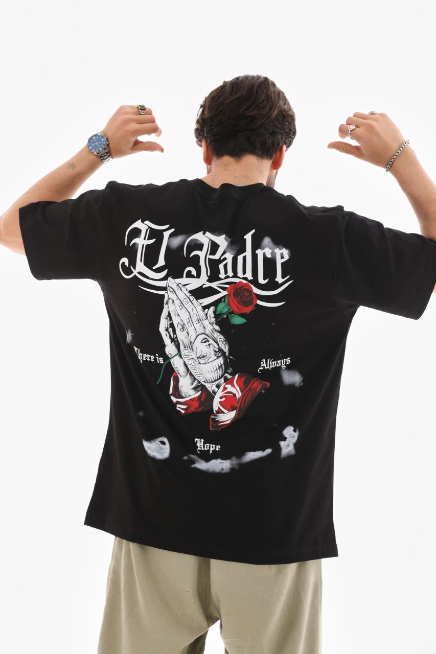 Erkek Kısa Kol Yazlık Tişört Bisiklet Yaka Baskılı Oversize T-Shirt - Siyah