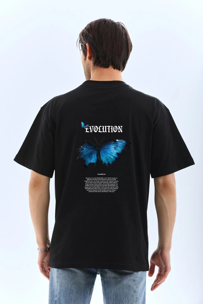 Erkek Kısa Kol Yazlık Tişört Bisiklet Yaka KELEBEK Baskılı  T-Shirt - Siyah