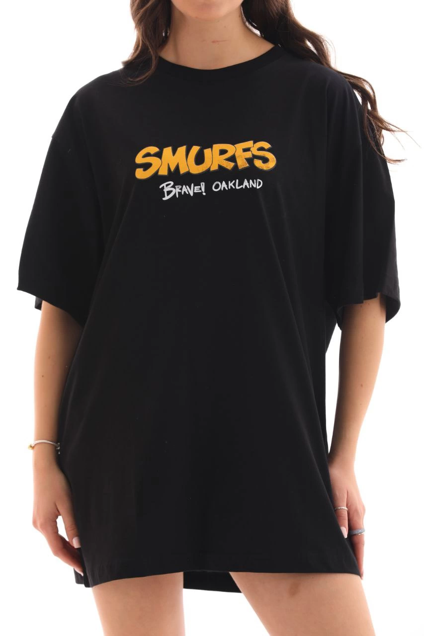 Kadın Kısa Kol Yazlık Tişört Bisiklet Yaka Baskılı Oversize T-Shirt - Siyah