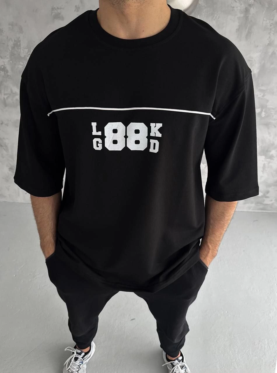 Erkek Kısa Kol Yazlık Tişört Bisiklet Yaka Baskılı Oversize T-Shirt - Siyah