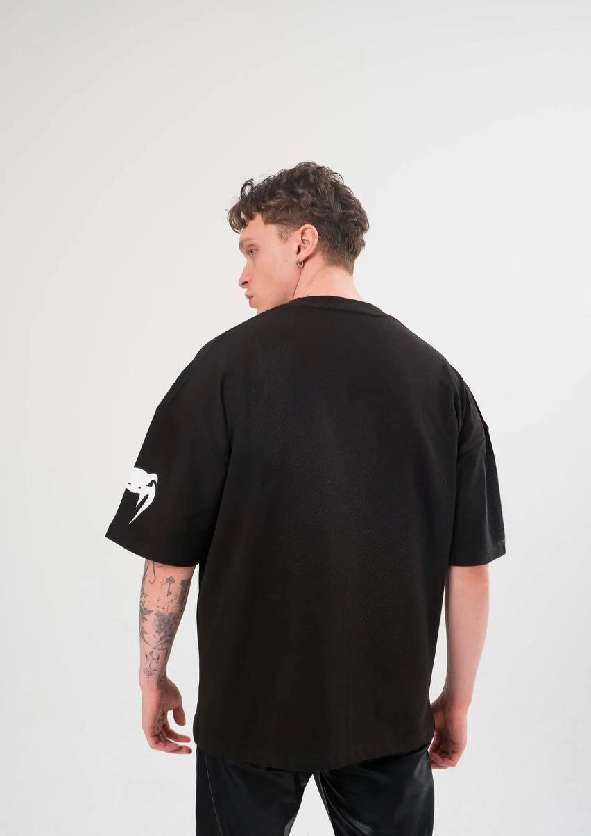 Erkek Kısa Kol Tişört Göğüs ve Kol Bisiklet Yaka Baskılı T-Shirt - Siyah