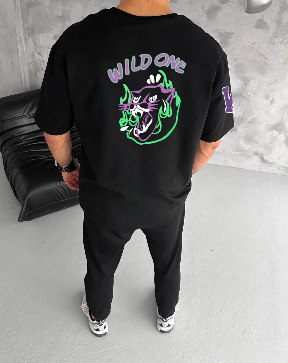 Erkek Kısa Kol Tişört Bisiklet Yaka W Wildone Baskılı T-Shirt - Siyah