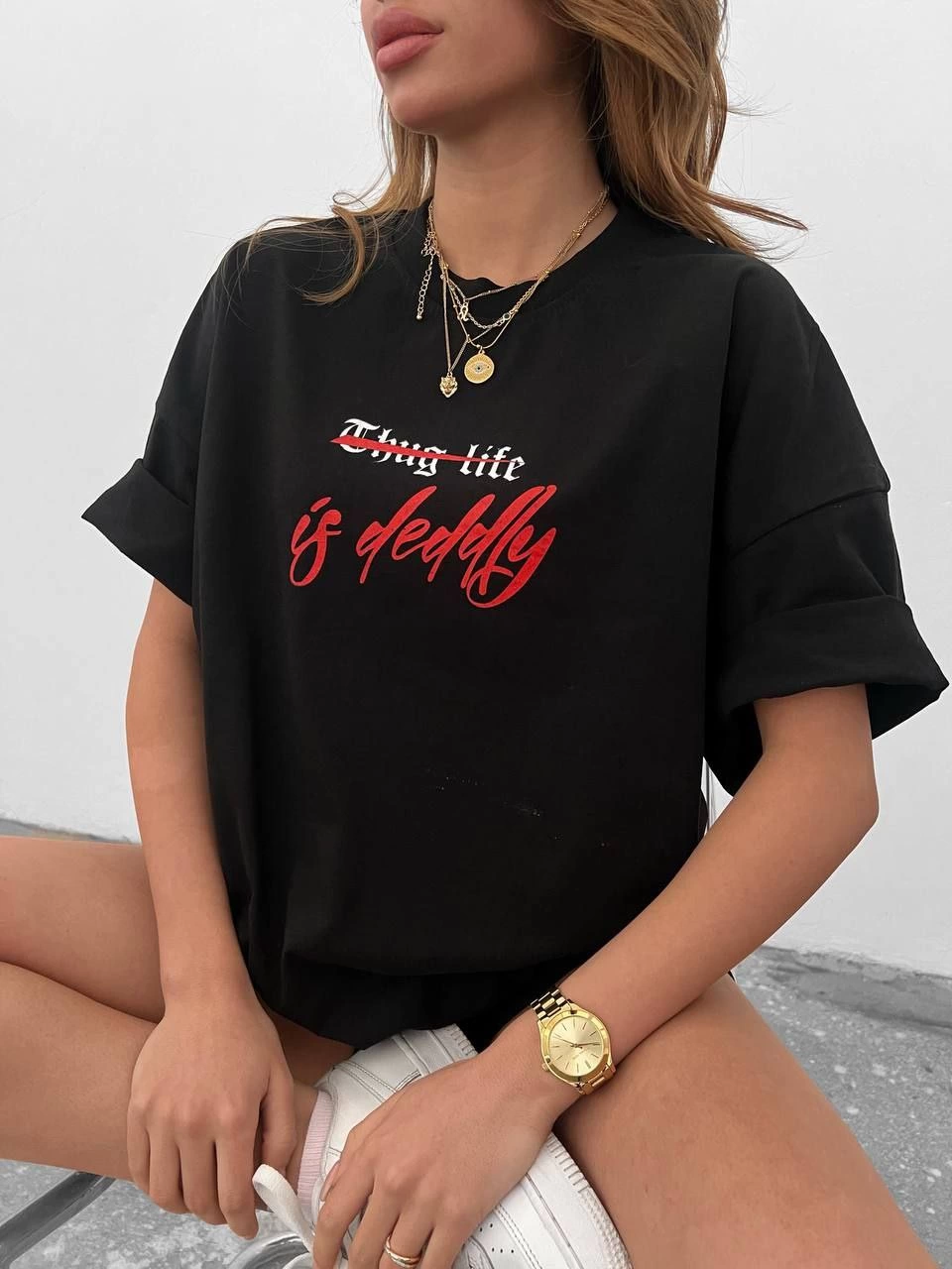 kadın Bisiklet Yaka Baskılı Oversize  Kısa kol T-Shirt - Siyah
