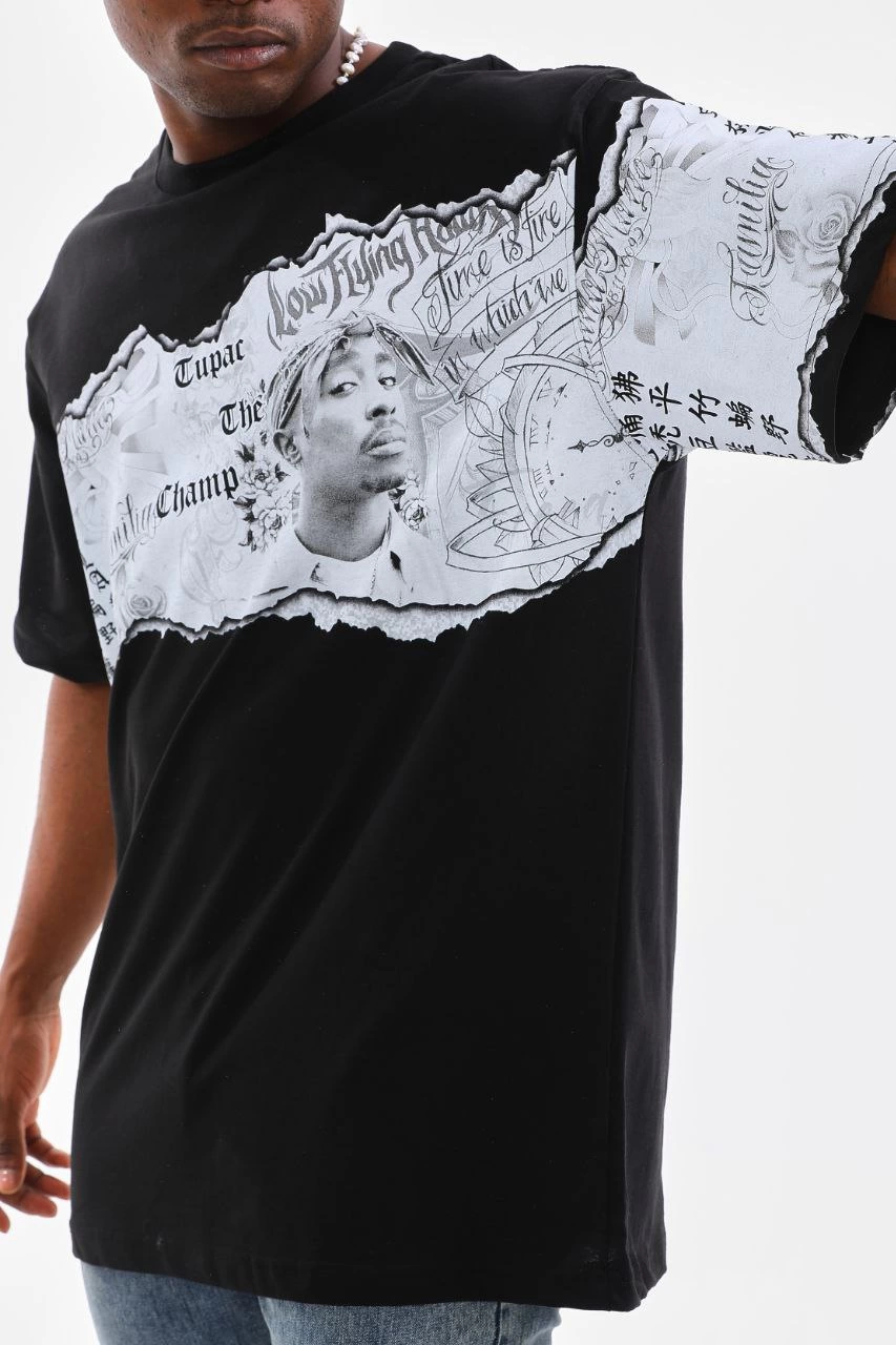 Erkek  Bisiklet Yaka Baskılı Oversize T-Shirt - Siyah