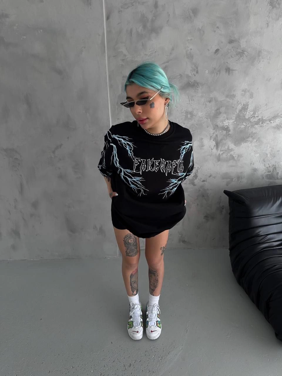 Kadın Bisiklet Yaka Baskılı  Kısa kol Oversize T-Shirt - Siyah