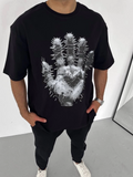 Erkek Baskılı T-Shirt Kısa Kol Bisiklet Yaka Regular Fit Rahat Kalıp Günlük Tişört - Siyah