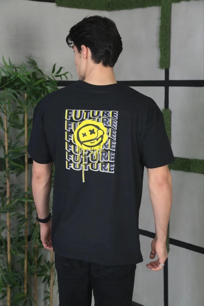 Erkek Kısa Kol Yazlık Tişört Bisiklet Yaka Baskılı Oversize T-Shirt - Siyah