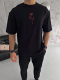 Erkek Bisiklet Yaka Baskılı Oversize  Kısa kol T-Shirt - Siyah