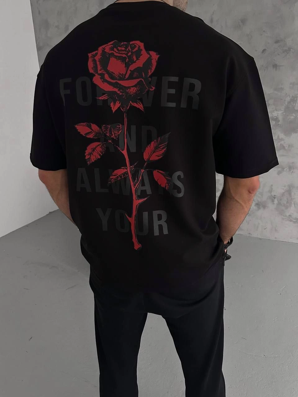 Erkek Bisiklet Yaka Baskılı Oversize  Kısa kol T-Shirt - Siyah