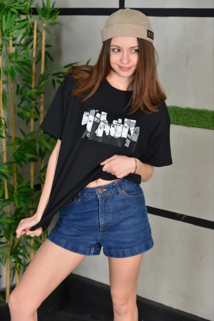 Kadın Bisiklet Yaka Baskılı  Kısa kol Oversize T-Shirt - Siyah