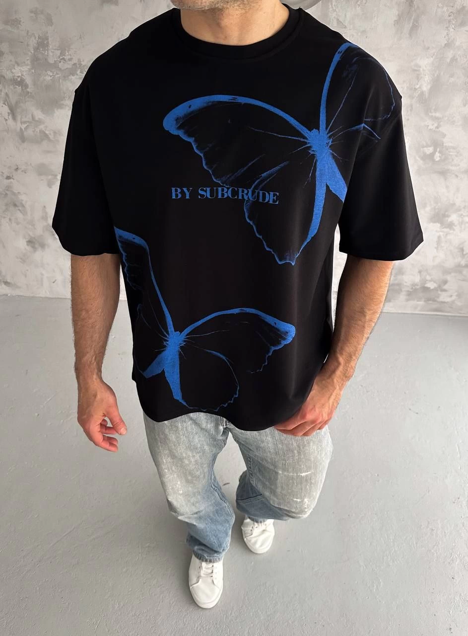 Erkek Kısa Kol Yazlık Tişört Bisiklet Yaka Baskılı Oversize T-Shirt - Siyah