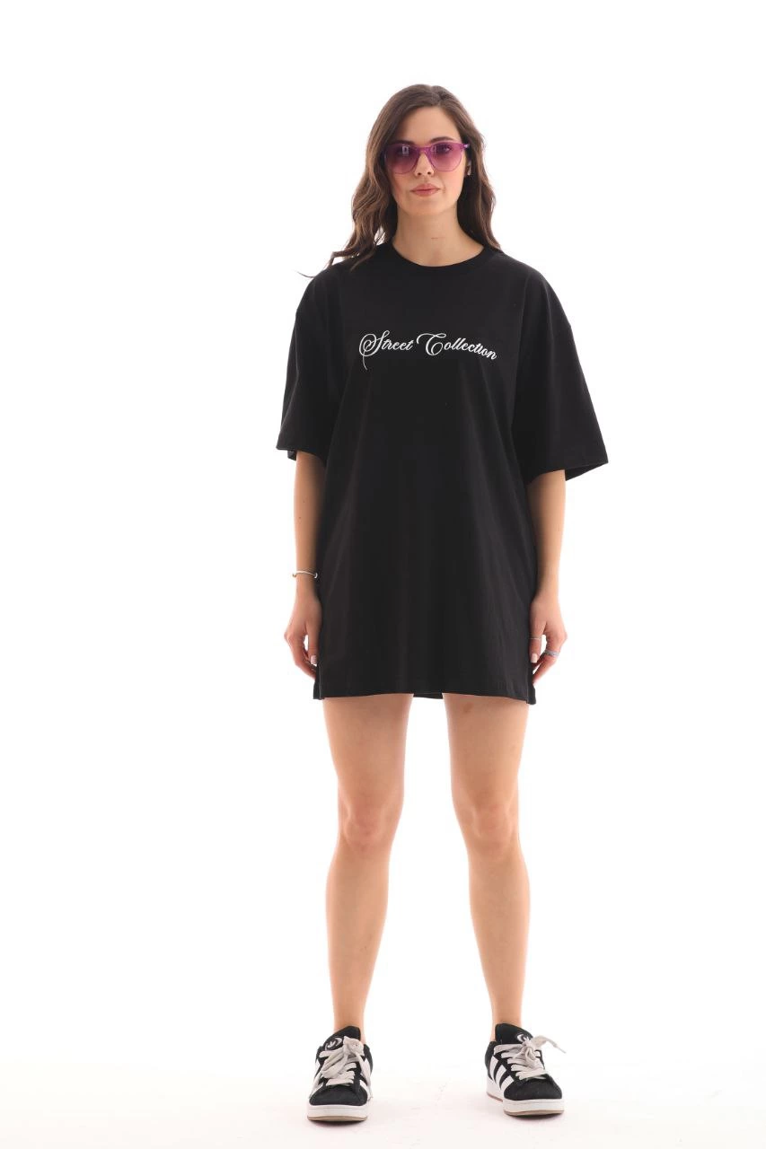Kadın Baskılı T-Shirt Kısa Kol Bisiklet Yaka Oversize Rahat Kalıp Günlük Tişört - Siyah