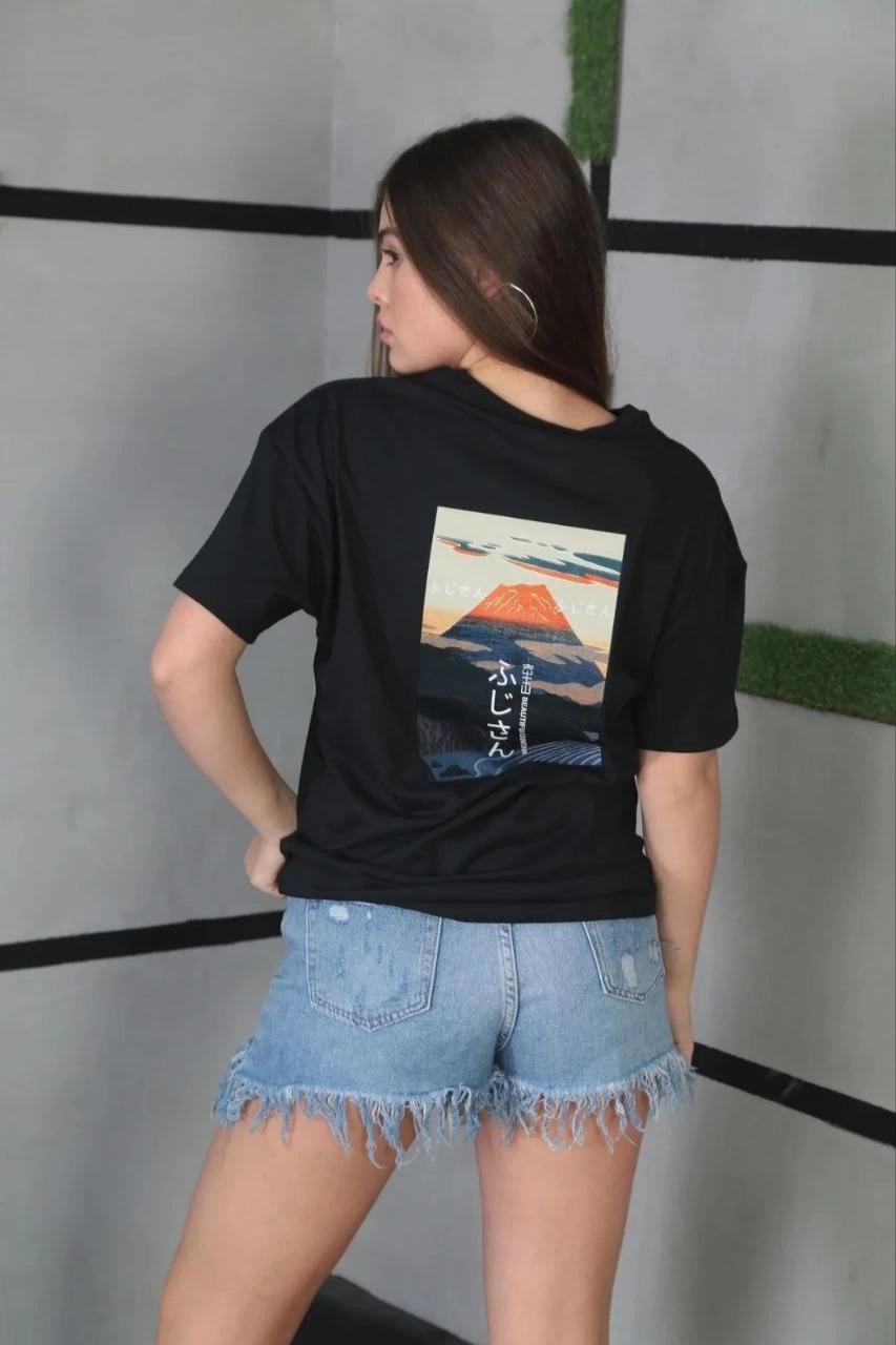 Kadın Bisiklet Yaka Baskılı Kısa kol Oversize T-Shirt - Siyah