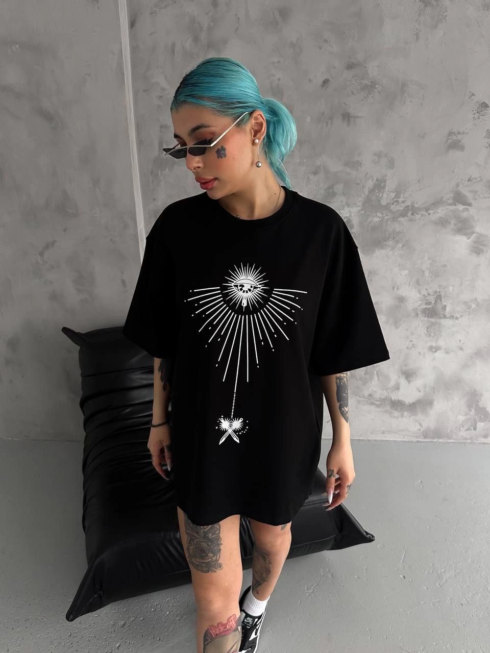 kadın Bisiklet Yaka Baskılı Oversize  Kısa kol T-Shirt - Siyah