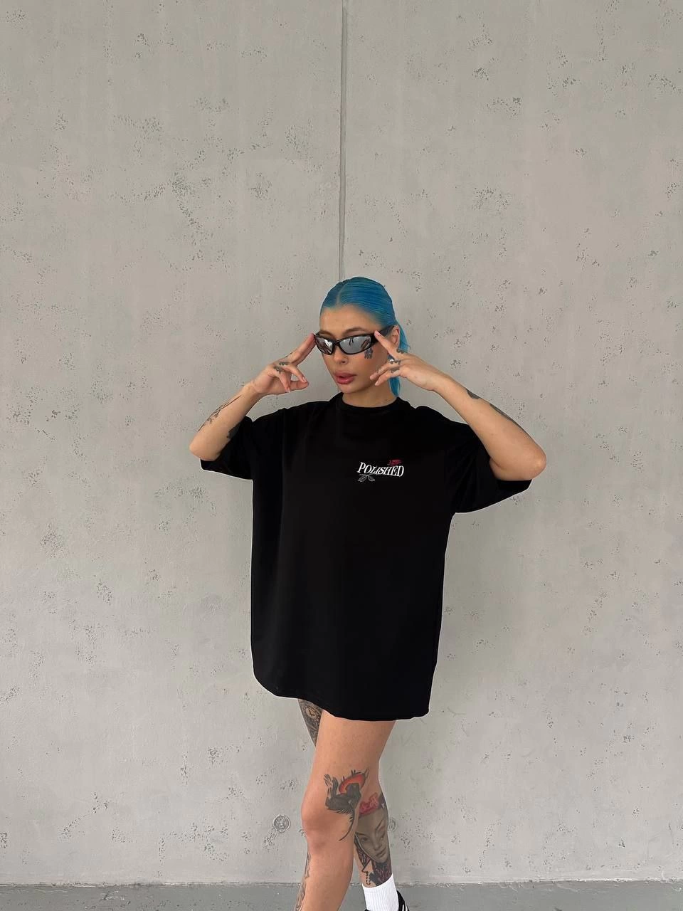 Kadın Bisiklet Yaka Baskılı kısa kol Oversize T-Shirt - Siyah