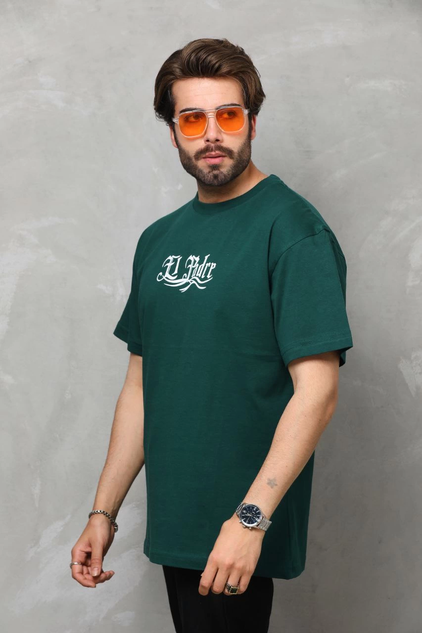 Erkek Kısa Kol Yazlık Tişört Bisiklet Yaka Baskılı Oversize T-Shirt - Yeşil