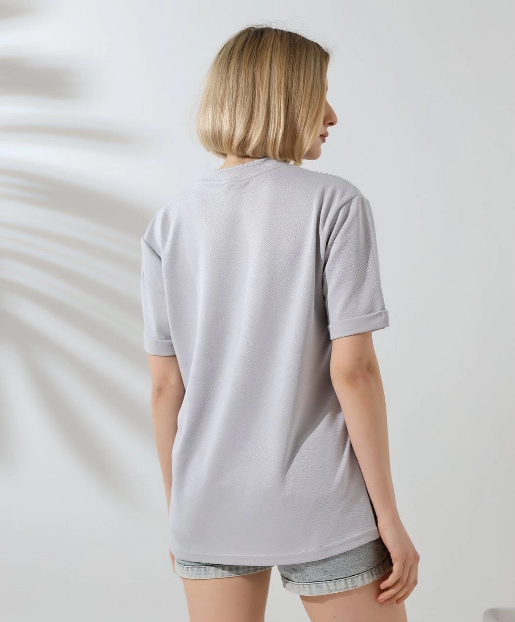 Kadın Bisiklet Yaka Baskılı Slim Fit T-Shirt - Boyalı Gri