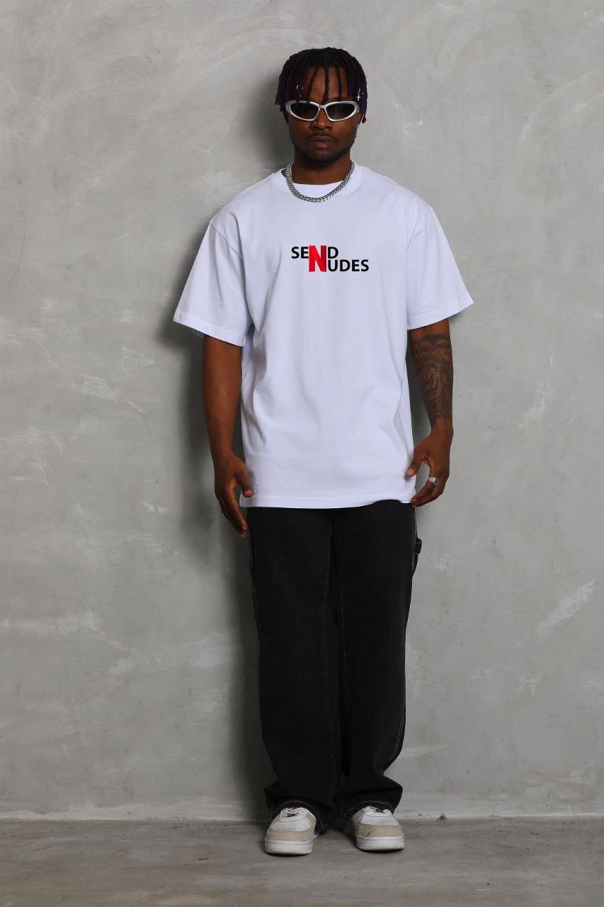 Erkek Kısa Kol Yazlık Tişört Bisiklet Yaka Baskılı Oversize T-Shirt - Beyaz