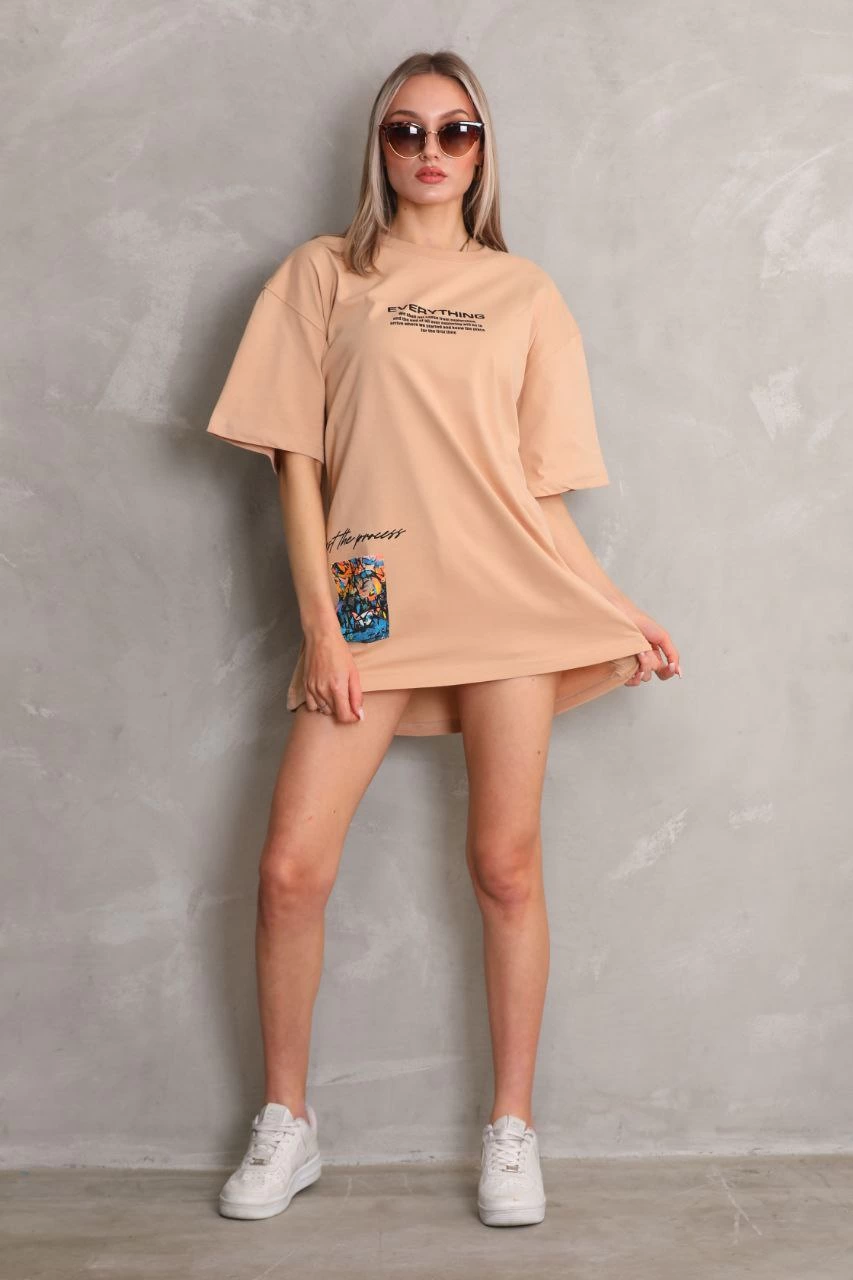 kadın Bisiklet Yaka Baskılı Oversize Kısa kol T-Shirt - Bej