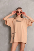 kadın Bisiklet Yaka Baskılı Oversize Kısa kol T-Shirt - Bej
