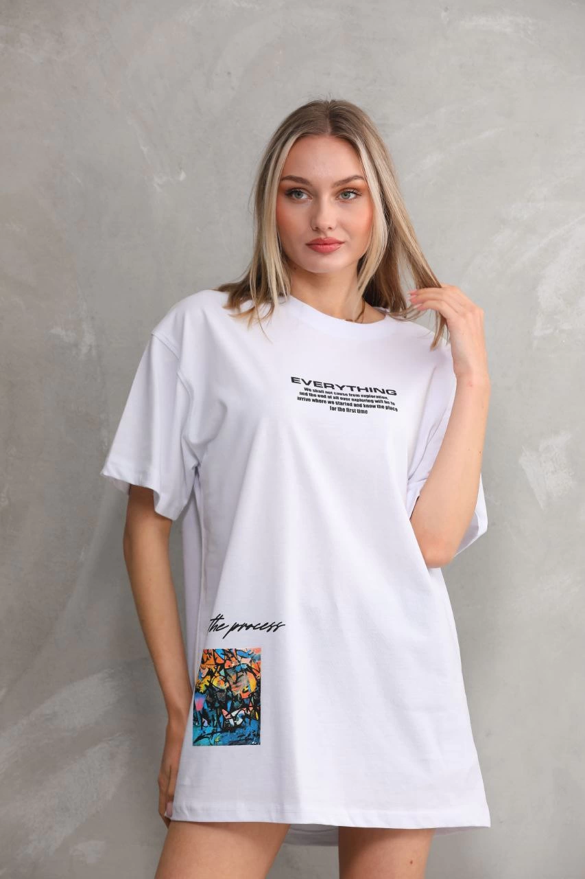 kadın Bisiklet Yaka Baskılı Oversize T-Shirt - Beyaz