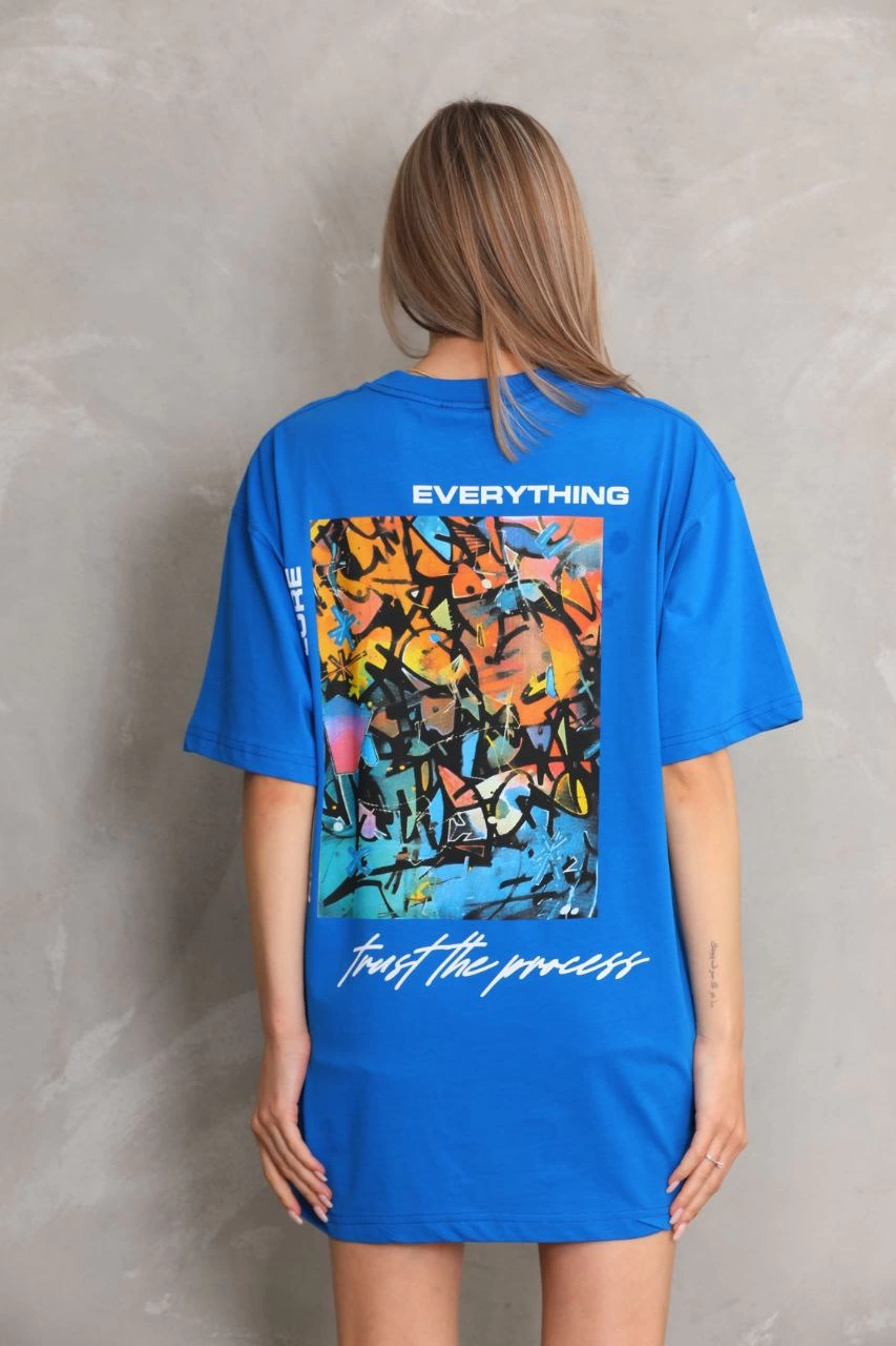 kadın Bisiklet Yaka Baskılı Oversize T-Shirt - Mavi