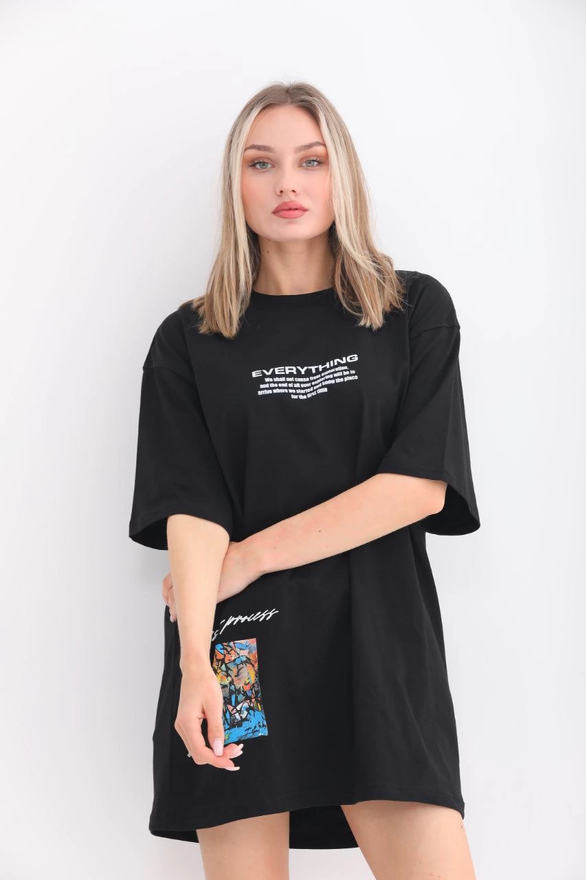 kadın  Bisiklet Yaka Baskılı Oversize T-Shirt - Siyah