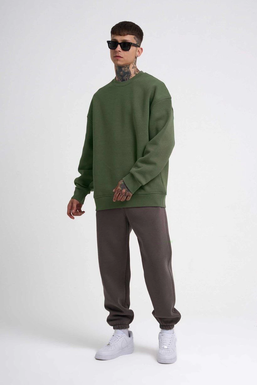 ERKEK Bisikilet Yaka 3 İplik Pamuklu SweatShirt - Haki