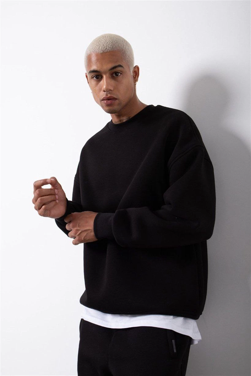ERKEK Bisikilet Yaka 3 İplik Pamuklu SweatShirt - Siyah